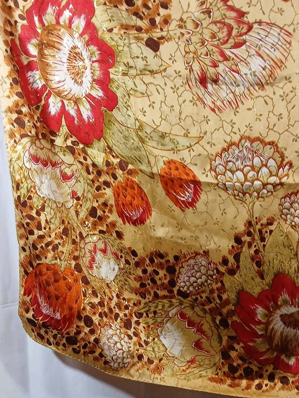 Womens Floral Silk Scarf Metallic Gold 34 Inch Square Orange Red